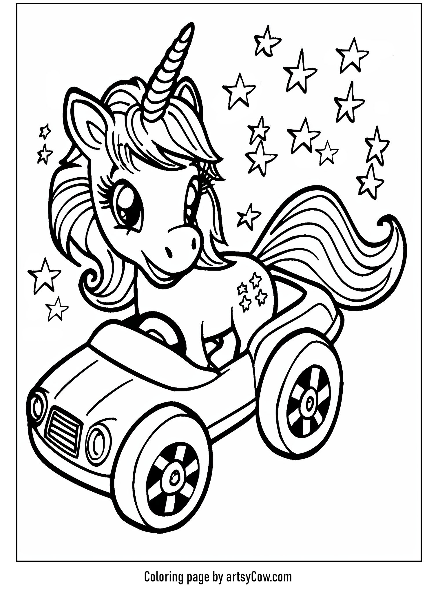 a cute unicorn driving a car surrounded by stars